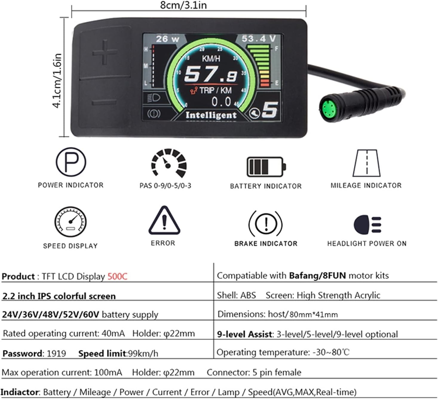 Electric Bicycle TFT LCD 500C New 600C Display Indicator Computer for Bafang 8FUN Mid Hub Motor 36V 48V 52V 750W E-Bike Parts