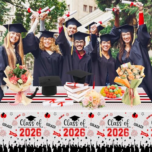 Image of Graduation Decorations Class of 2026 Tablecloth - 3 Pcs Plastic Congrats Grad Table Cloth, Graduation Table Cover for Graduations Party Decorations 2026 and Party Supplies, 54 inchx108 inch (Red and Black)