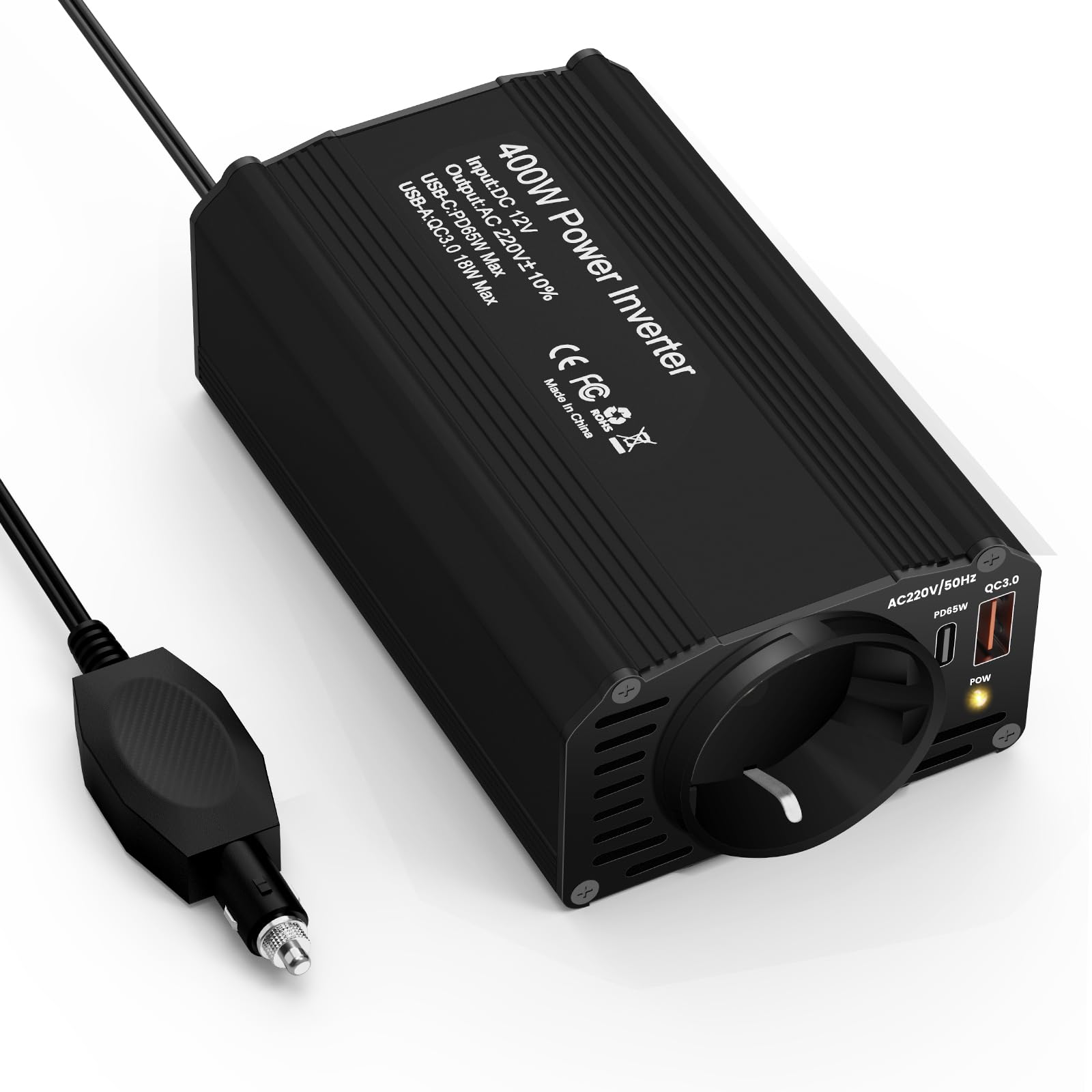 400w Invertitore Di Potenza Auto,Inverter 12 V 220 V Onda Pura, Premio Avec Allume Cigare,Con Pd65 W Usb-C, Qc3.0 Usb-A E 1 Presa, Supporto Per Ricarica Rapida E Con Interfaccia Per Accendini A Bordo