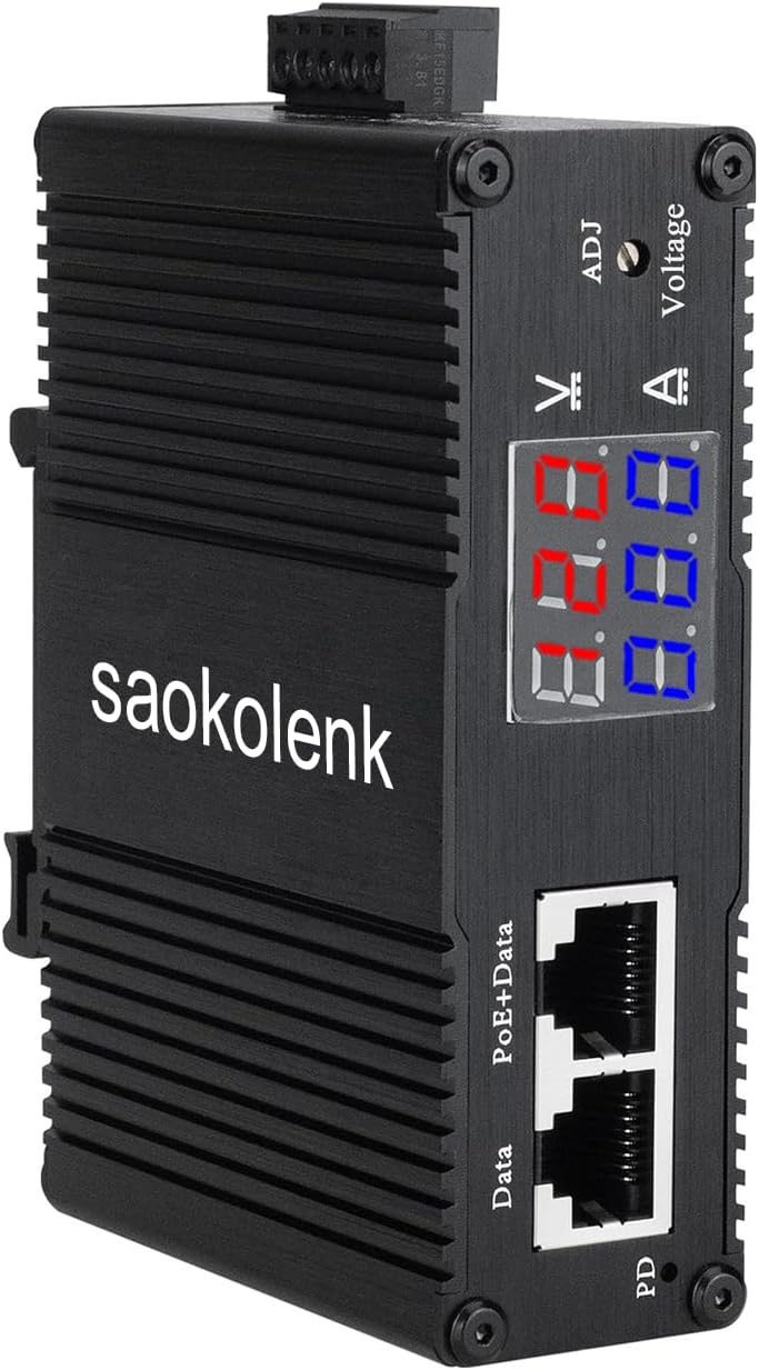 Industrial Gigabit PoE Splitter Adjustable Power Over Ethernet Splitter Adapter with Display Screen DIN Rail Mount 30W IEEE 802.3af/at Power Adapter 3.3~36V DC Output