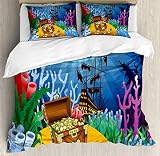 Juego de funda nórdica para acuario, barco hundido y cofre del tesoro en el fondo del mar ilustración de dibujos animados, juego de cama decorativo de 3 piezas con 2 fundas de almohada, azul cielo mul