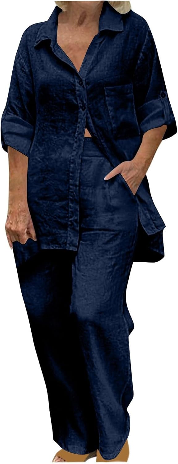 Linen Sets for Women Summer 2 Piece Outfits Long Sleeve Shirts and Pants Set Wide Leg Lounge Set with Pockets