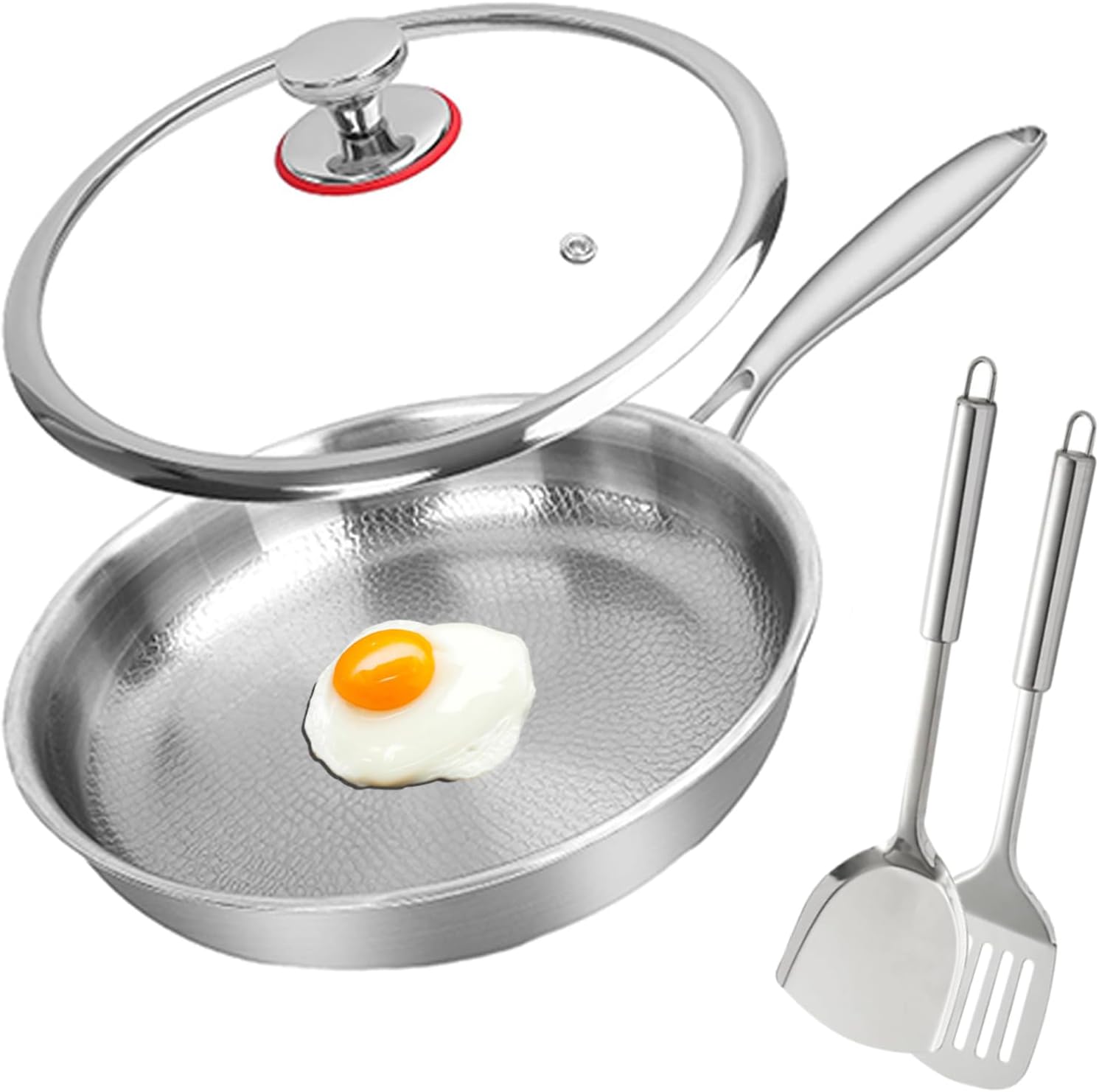 Siraats Titanium Pan, 100% Pure No Coating Non-stick Titanium Hammered Frying Pans with Lid for Cooking Suitable for All Stovetops, Home Kitchen Use Titanium Cookware (With lid, 12.6 in)