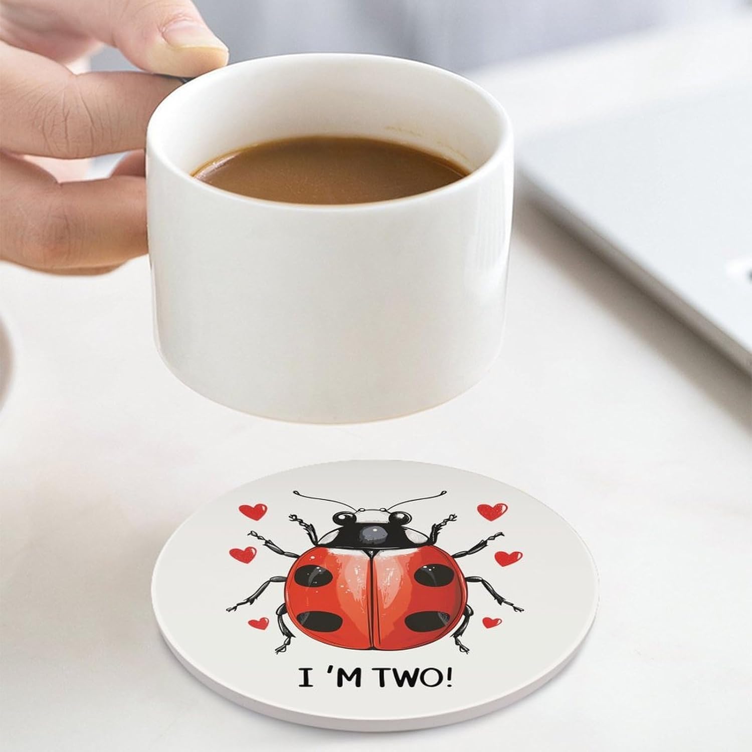 Ladybug 2nd Birthday Coasters for Drink Round Ceramic Coaster with Cork Base Home Decorative 4PCS