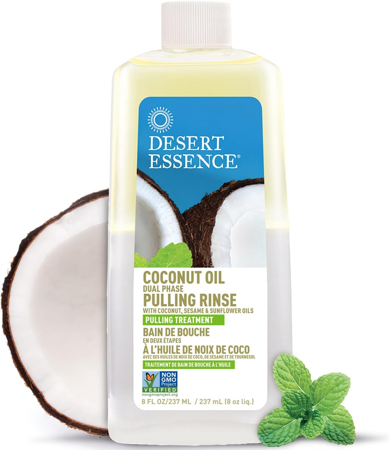 Coconut Oil Dual Phase Pulling Rinse, Mint, 8 fl oz - Alcohol Free, Sugar Free, Gluten Free, Vegan, Non-GMO - Organic Virgin Coconut Oil, Sesame Oil, Sunflower Oil & Tea Tree Oil