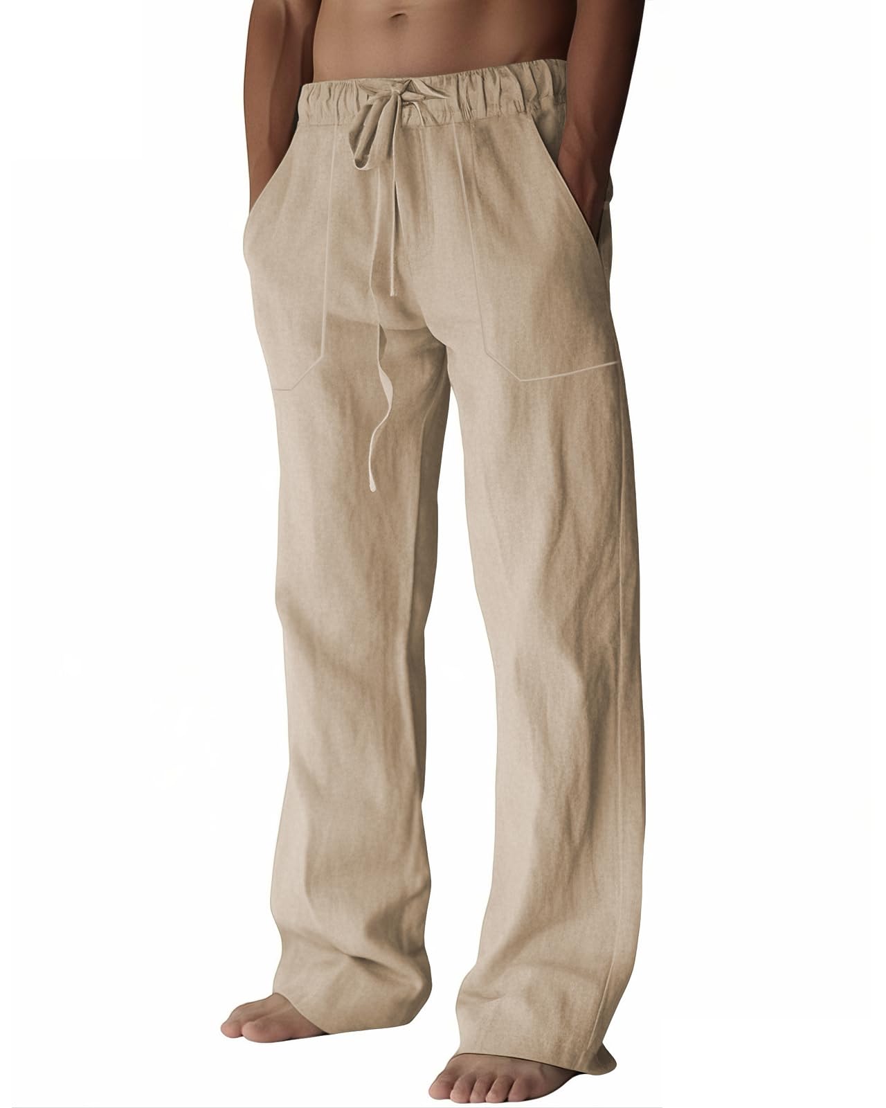 Mens Linen Pants Summer Cotton Beach Trousers Casual Lightweight Elastic Drawstring Waist Yoga Pants