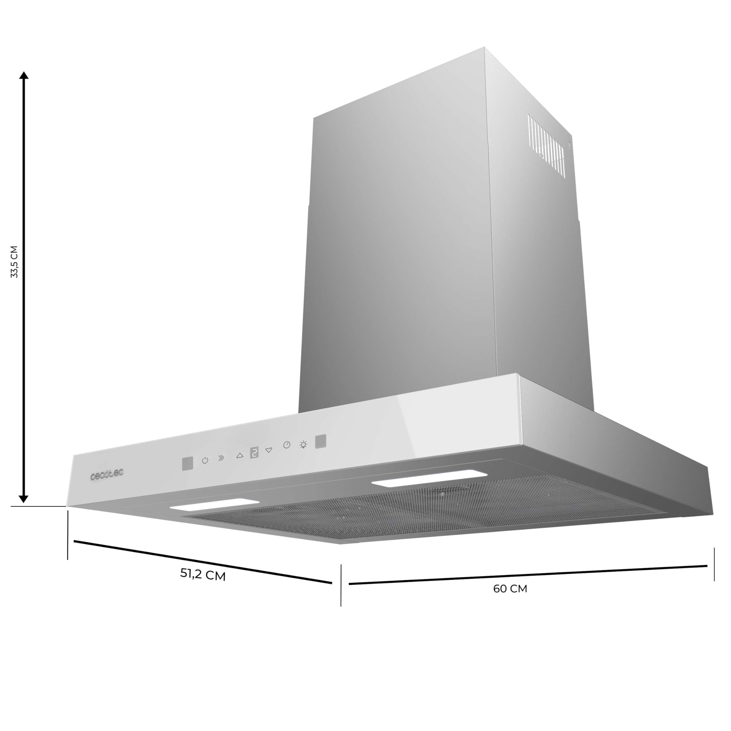 Cecotec Campana Extractora 60 cm Tipo T Bolero Flux TT 605500 Glass White A++. 70W, Frontal Cristal Blanco, Bajo Consumo, Succión 550m3/h, Control Táctil, 3 Niveles, Booster, Luz LED, Filtro Carbono