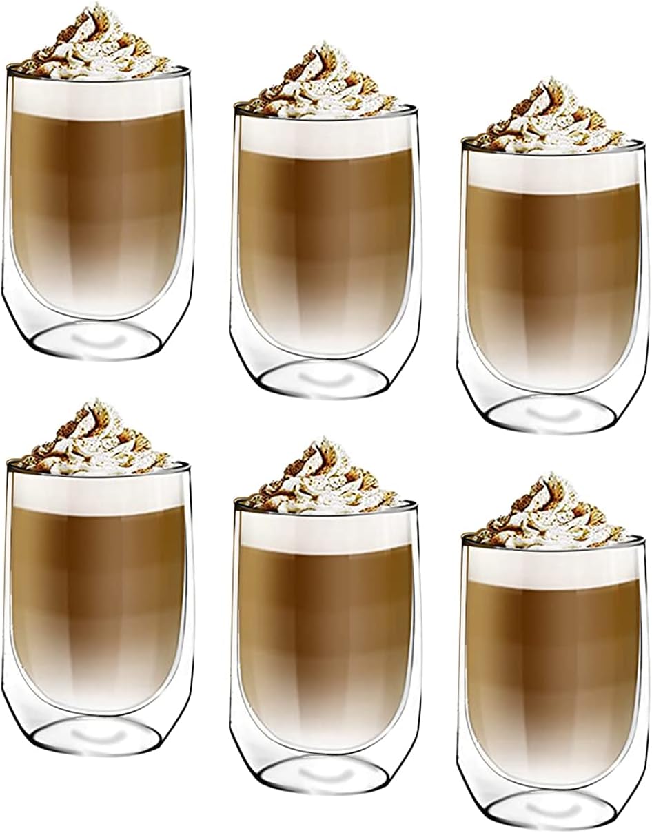[6-Pack, 12Oz] DESIGN•MASTER - Premium Oval Double Wall Insulated Glass, Coffee or Tea Glass Mugs, Temperature Isolated Glass, Perfect for Latte, Cappuccino, Americano, Tea and Beverages.