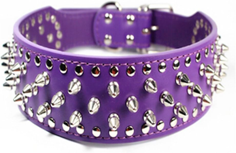 i-BOSOM 14.5"-17.5" Spikes Nailed Two Wide Leather Dog Collar in Pitbull Mastiff, 25 Spikes Nailed 44 Studs (Purple)