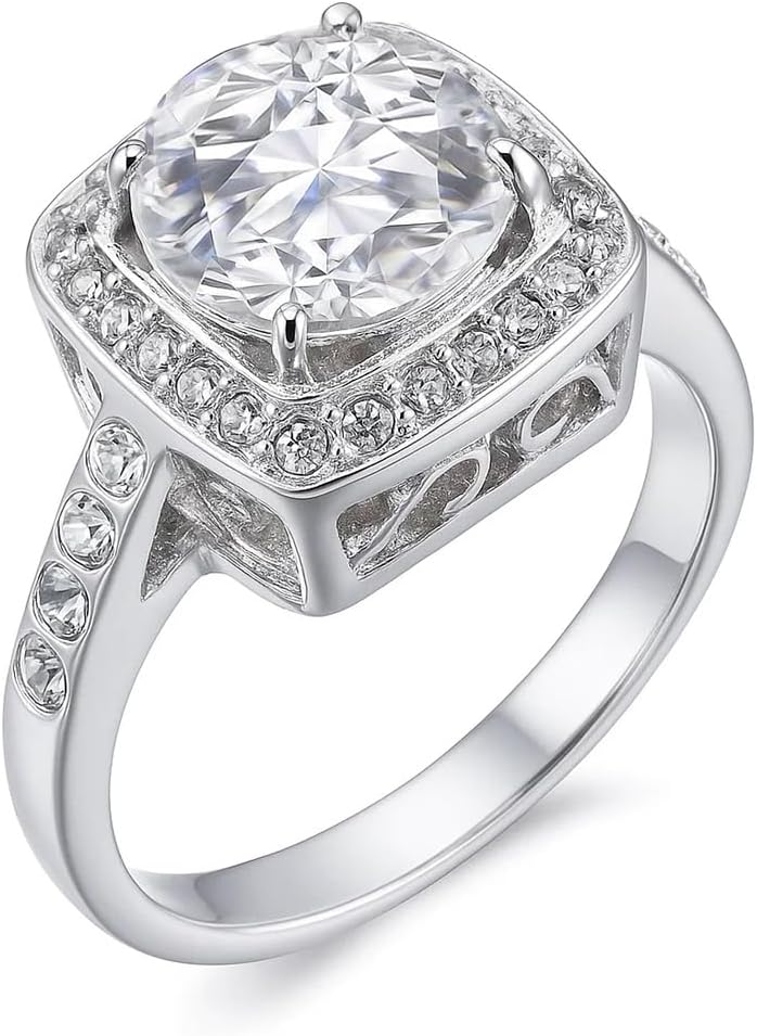FAIRY COUPLE 3ct Simulated Diamond Engagement Ring,9mm Halo Ring, 18K White Gold Plated with 18KGP Stamp, Travel Replacement for Women, Size 4–9 R330