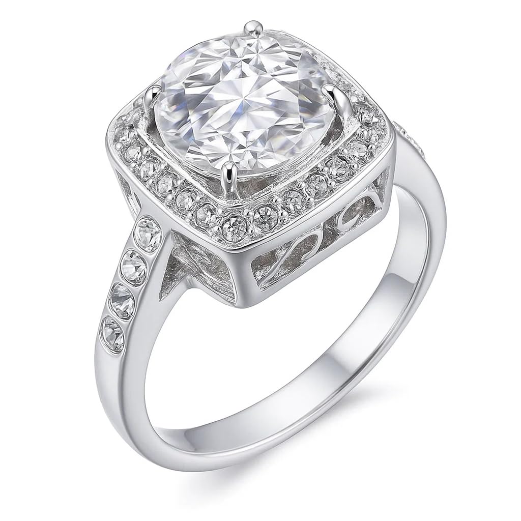 FAIRY COUPLE 3ct Simulated Diamond Engagement Ring,9mm Halo Ring, 18K White Gold Plated with 18KGP Stamp, Travel Replacement for Women, Size 4–9 R330