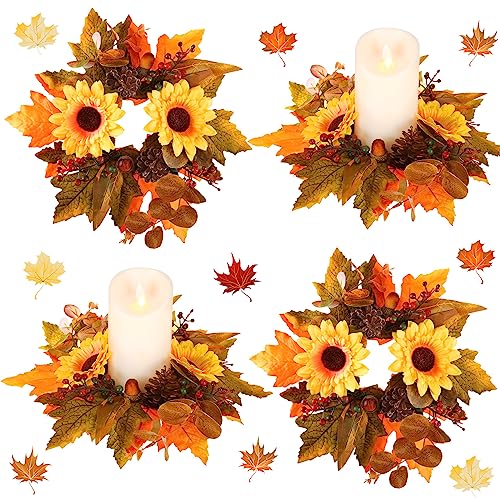 Ceenna 4 Pcs Fall Wreath Candle Rings Farmhouse Thanksgiving Candle Rings Wreaths Autumn Candle Wreath Candle Ring Artificial Maple Candle Holder Festival Holiday Party Decoration
