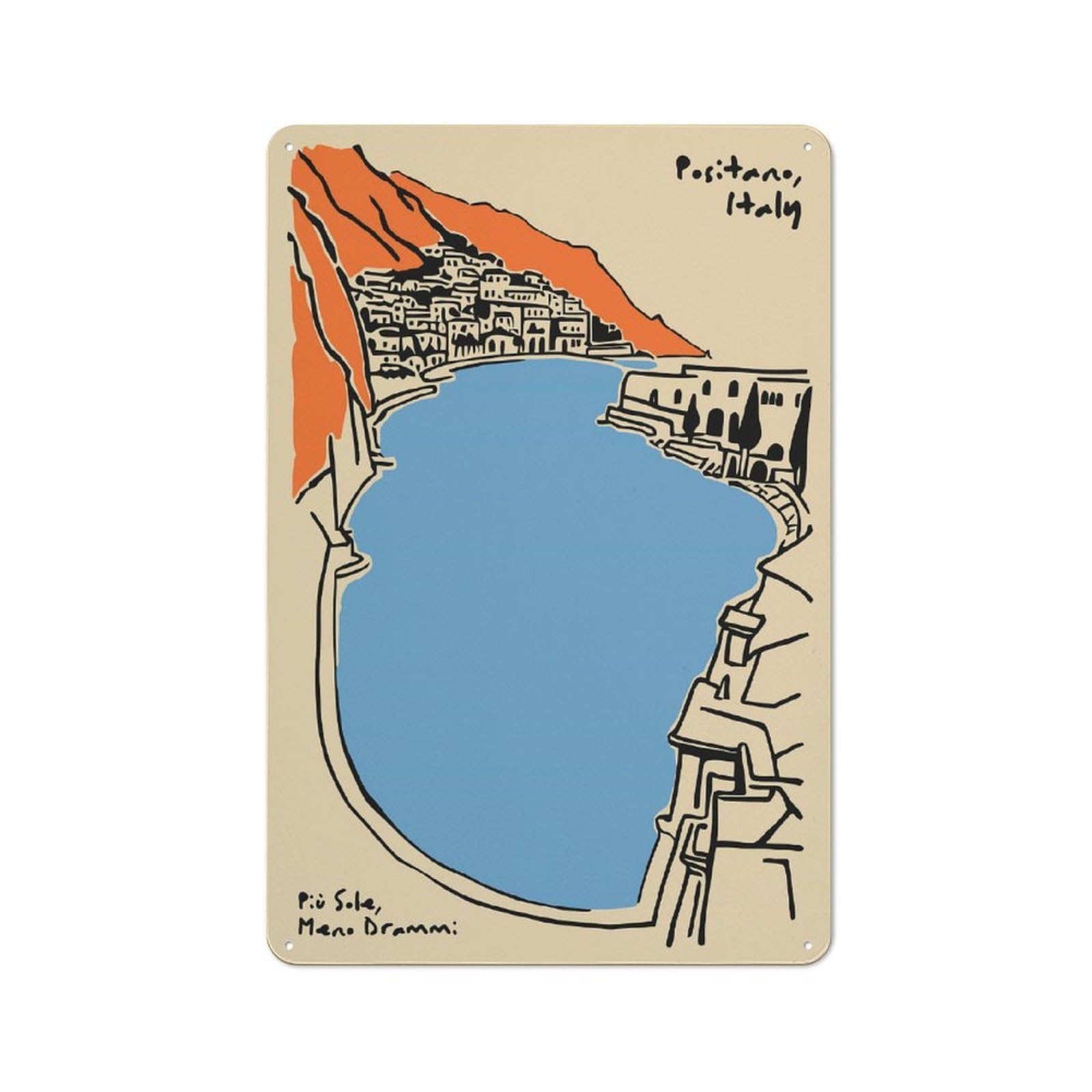 Metal Wall Plaque with Positano, Italy Illustration Design 30x20cm, Retro Room Wall Plaque for Home, Shop, Pub Or Studio Wall