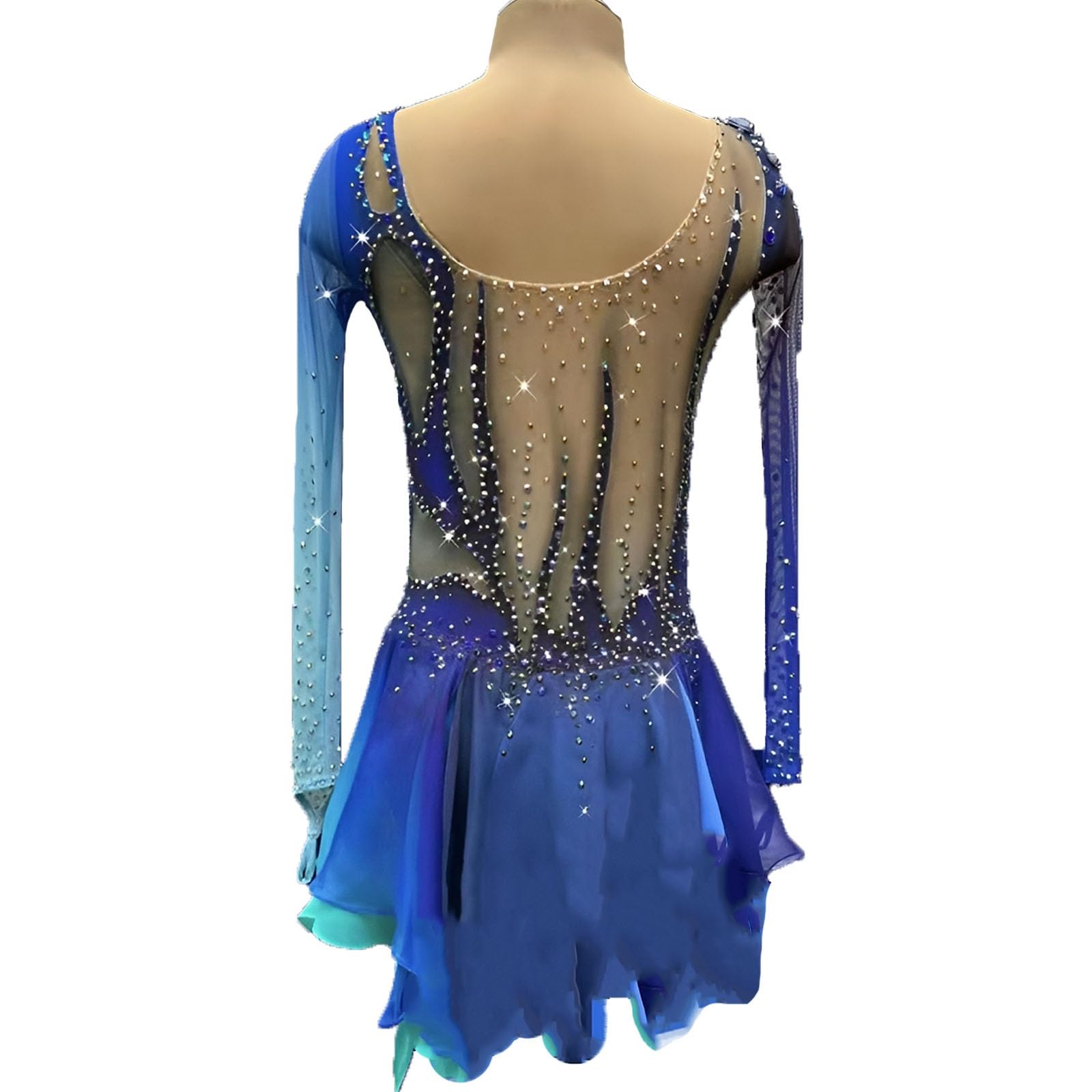 Women's Long Sleeve Figure Skating Dress for Competitions and Performance, Girl's Elegant Ice Skating Dress(Medium) Blue