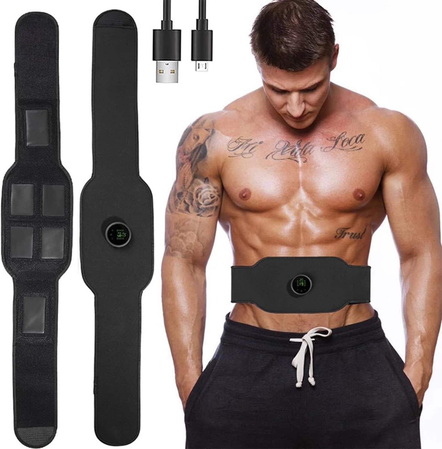 Beauenty EMS Pads, Muscle Stimulator Machine ABS Stimulator Trainer, Abdominal Toning Belt Muscle Trainer, Portable Fitness Trainer for Abdomen, Arm and Leg, with 6 Modes 10 Levels