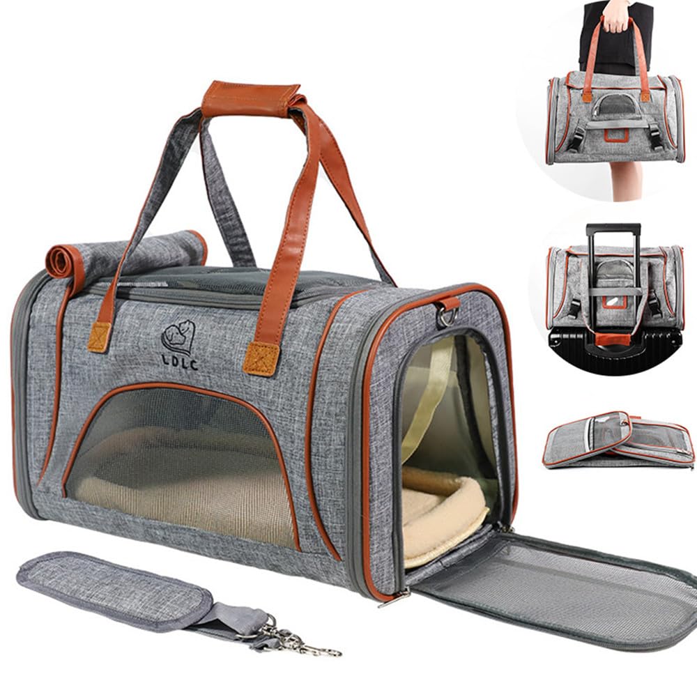 Transportin Gato Perro Pequeño, Bolsa Transporte Mascotas Transportin Gato Plegable Transpirable Duradera Bolsa de Transporte para Cachorros y Gatitos, Viaje, Paseo (46x26x28cm,Marrón Claro)