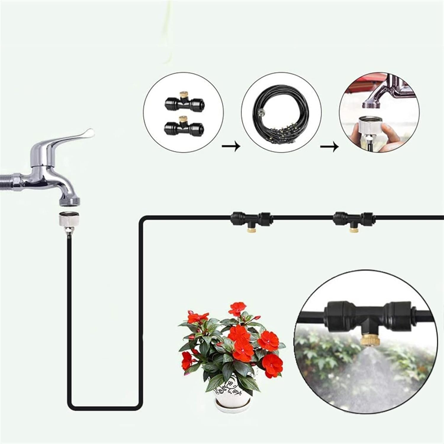 Misting Cooling System, Pre-Assembled Misting Kit, Misting Line + Brass Mist Nozzles + a Brass Adapter(3/4"), Outdoor Mister for Patio Garden Greenhouse(65FT(20m))