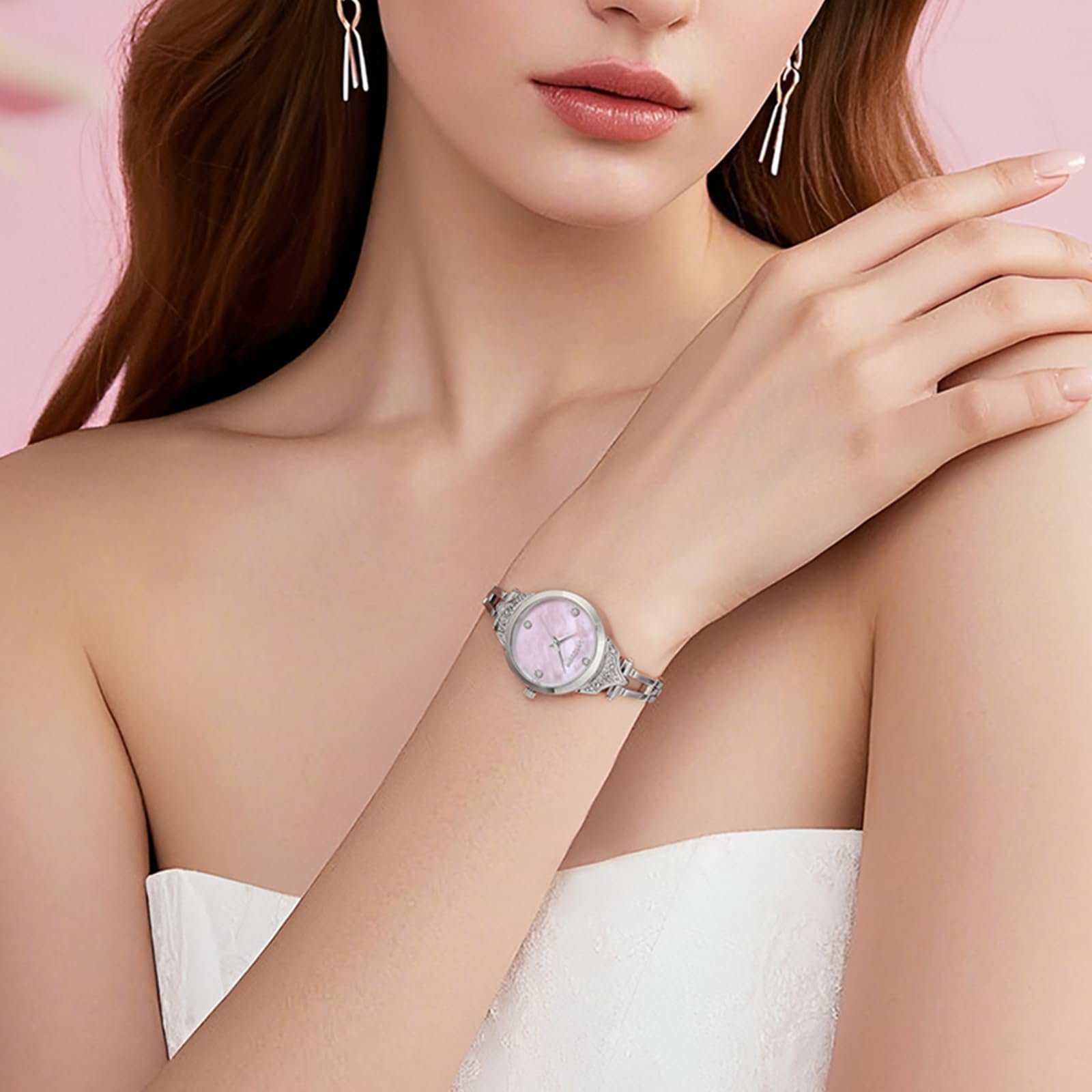 LANZOOM Damen-Armbanduhr, silberfarbenes Perlmutt-Zifferblatt mit Diamant-Akzenten, Meerjungfrauenschwanz-Design, 23 mm Gehäuse, minimalistisch, elegant, Geschenk für Sie