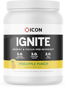 ICON Nutrition Ignite Pre-Workout - Pineapple Punch Flavour - 600g 30 Servings, Energy Formula for Maximum Performance, Focus & Endurance, Ideal for Gym, Workout Training Scoop Included