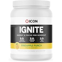 ICON Nutrition Ignite Pre-Workout - Pineapple Punch Flavour - 600g 30 Servings, Energy Formula for Maximum Performance, Focus & Endurance, Ideal for Gym, Workout Training Scoop Included
