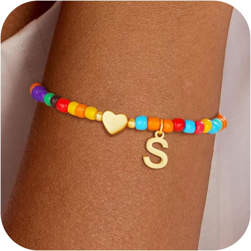 Colorful Initial Bracelets Women Girls Trendy Beaded Heart Teen