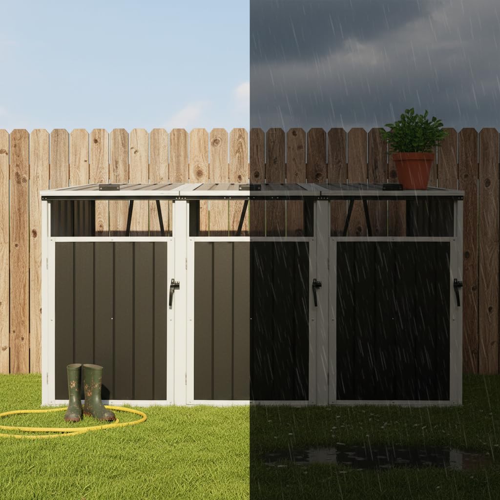 3er Mülltonnenbox aus Metall, Abschließbarer Mülltonnenunterstand für 240L Mülltonnen, Wetterfestes Mülltonnen-Schutzdach für Garten & Hof (Gray, 222×82×121 cm)