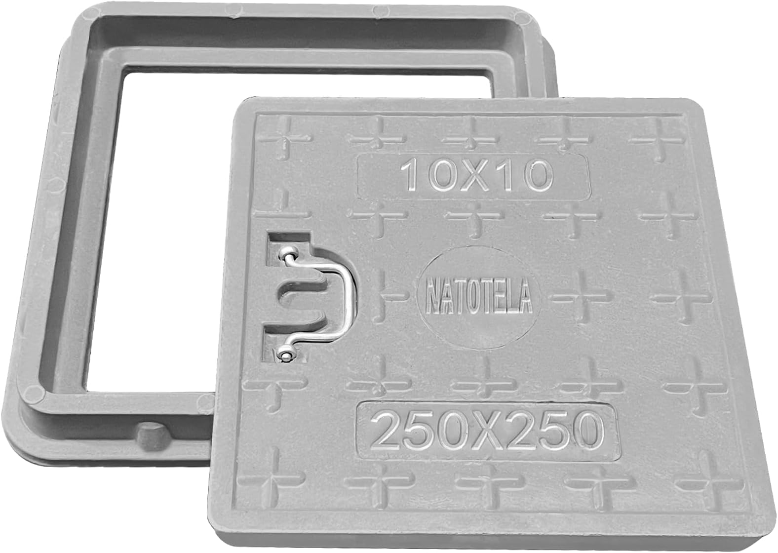 Manhole Cover and Frame Fiberglass-300x300mm Square Septic Tank Lid Access Inspection Cover Reinforced Steel Embedded Sewer with Handle Non-slip Solid for Patios Pavement Basement Gray