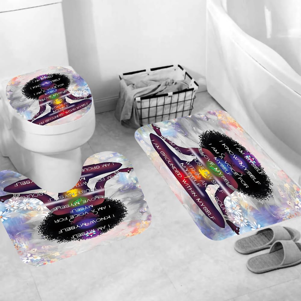 Black Girl Quotes Shower Curtain Set with Non-Slip Rugs and Toilet Lid Cover African American Woman Fabric Shower Curtain Bathroom Decor with Hooks Waterproof Washable 72" x 72''
