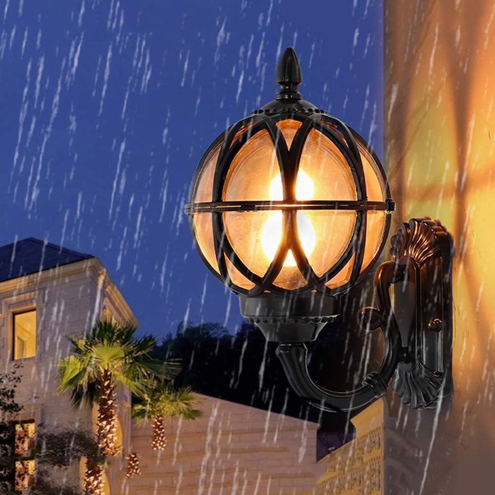 Retro Außenlampe Schwarz Rund Wandlampe Wasserdicht IP54 Aluminiumguss und Glasschirm Aussenleuchte E27 Gartenlampe Hauseingang Terrassen Balkon Flur Außen-Wandleuchte (Schwarz 17.5 * 18 * 31cm)