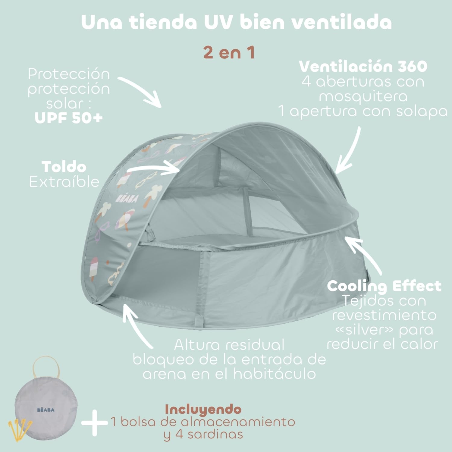 BÉABA, Tienda De Playa Para Bebé 2 En 1, 0–24 Meses, Protección Solar Máxima UPF50+, Filtrado UV, Ventilación 360°, Mosquitera, Espaciosa, Sistema Pop-Up, Bolsa De Transporte, Breezynest, Caqui