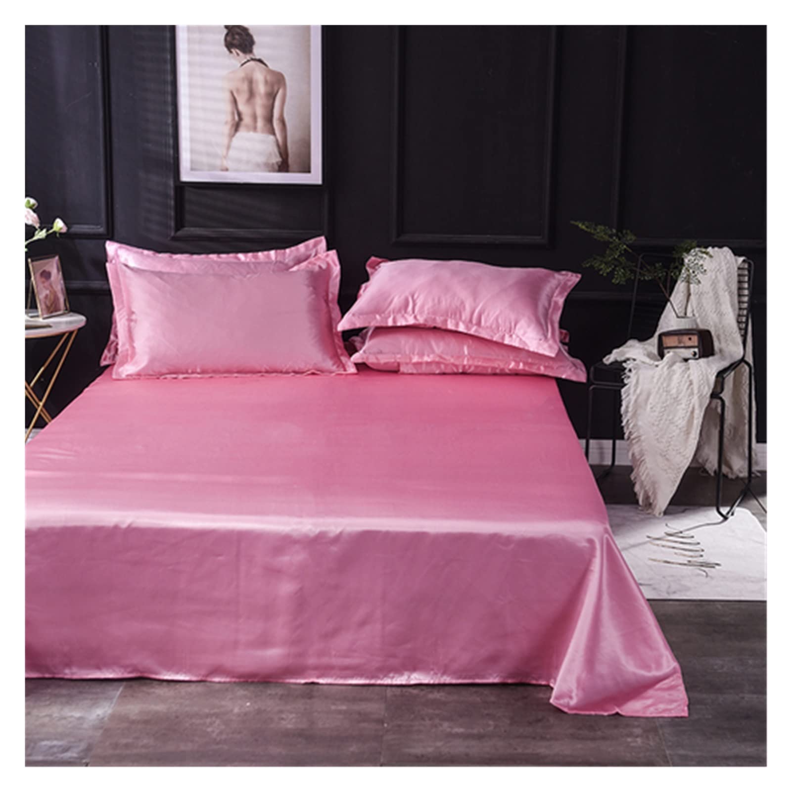 Silk Bed Sheets Flat Sheet Solid Color Ice Silk Satin Fabric Bedding Queen King Size Luxury Bed Sheet Bedclothes Bed Sheets and Pillowcases(Pink,48x74 2pc pillowcase)