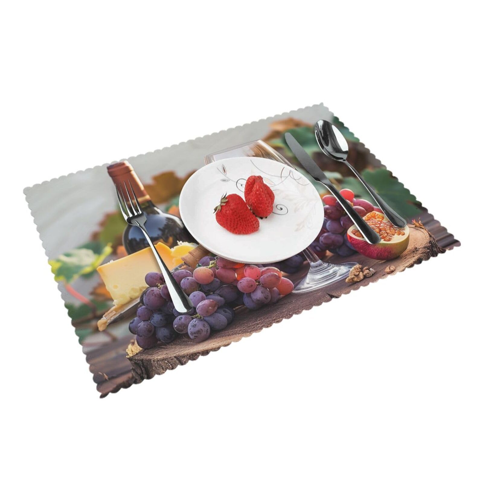 Red Wine Galsses & Grapes with Wooden Printed Placemat Heat Resistant Place Mats Set of 4 PCS Washable Kitchen Table Mats, 12x18 Inch