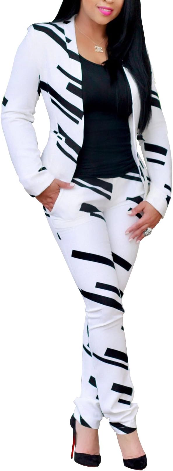 EvesymilWomen Lapel Collar Long Sleeve Stripe Top Jacket Pants 2 Piece Suit Set Outfits (6/8, White)