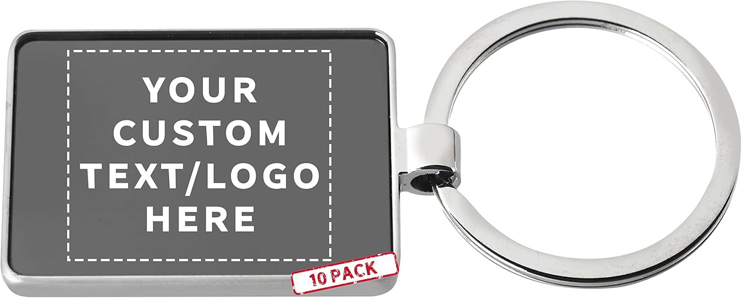 DISCOUNT PROMOS Custom Two Tone Rectangular Metal Keychains Set of 10 - Laser Engraved Text, Logo - Key Ring - Black