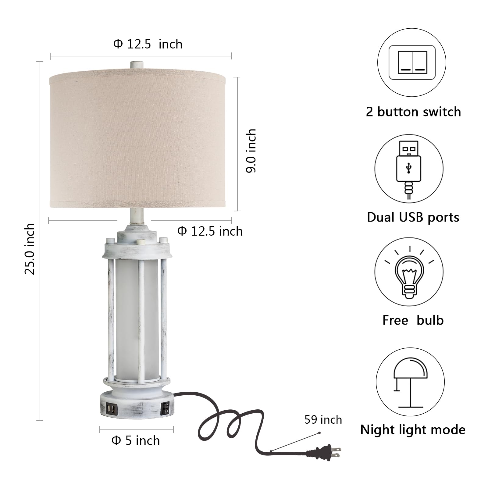 AIEAMPDO Lot de 2 lampes de table rustiques de 63,5 cm, lampes de chevet vintage avec 2 ports USB, lampe de bureau blanche antique avec veilleuse en verre pour salon, chambre à coucher, dortoir, 4