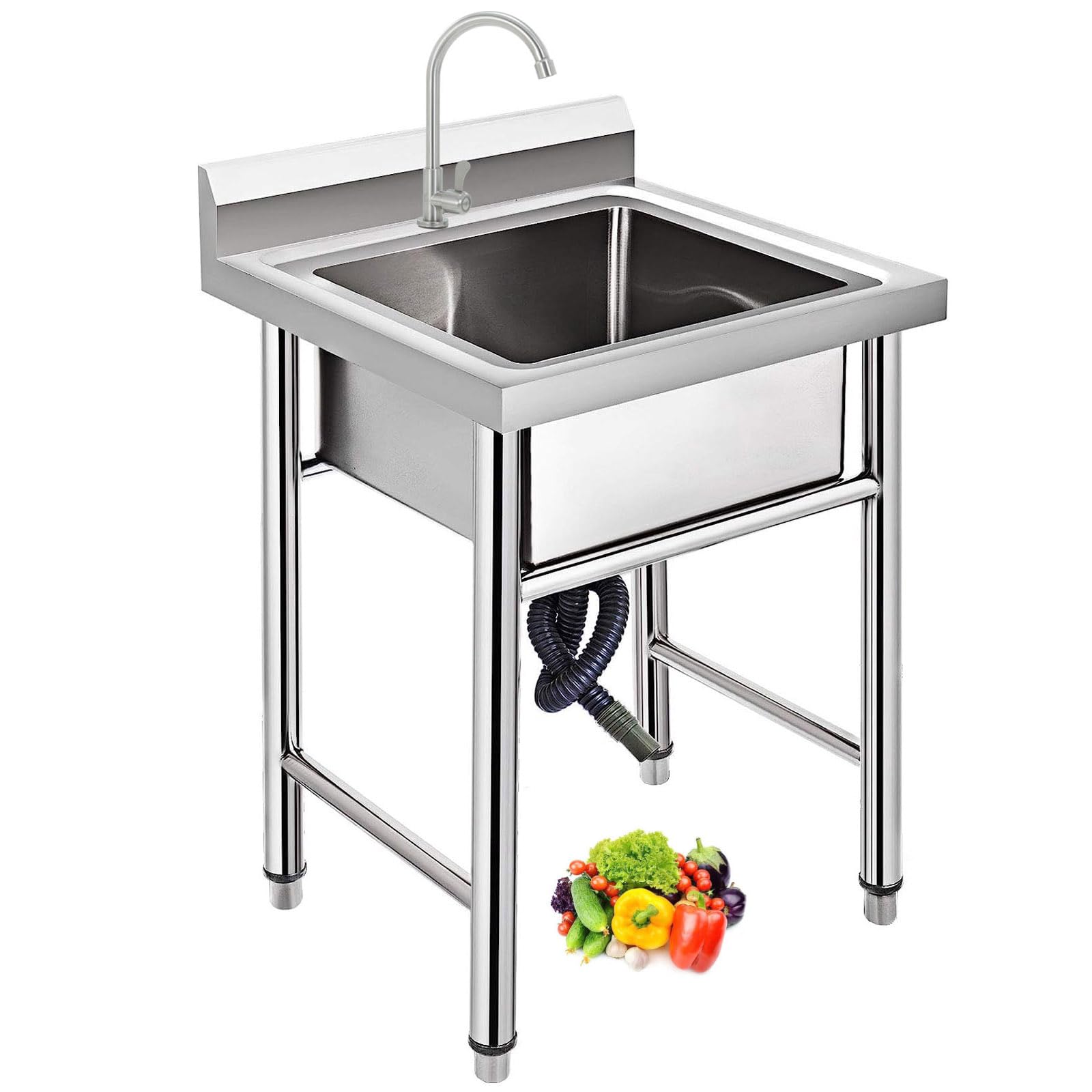ZQFHSX 60x60x80cm 304 Stainless Steel Commercial Utility Sink - Freestanding with Worktop & Single Cold Water tap, Ideal for Kitchen, Laundry Garage