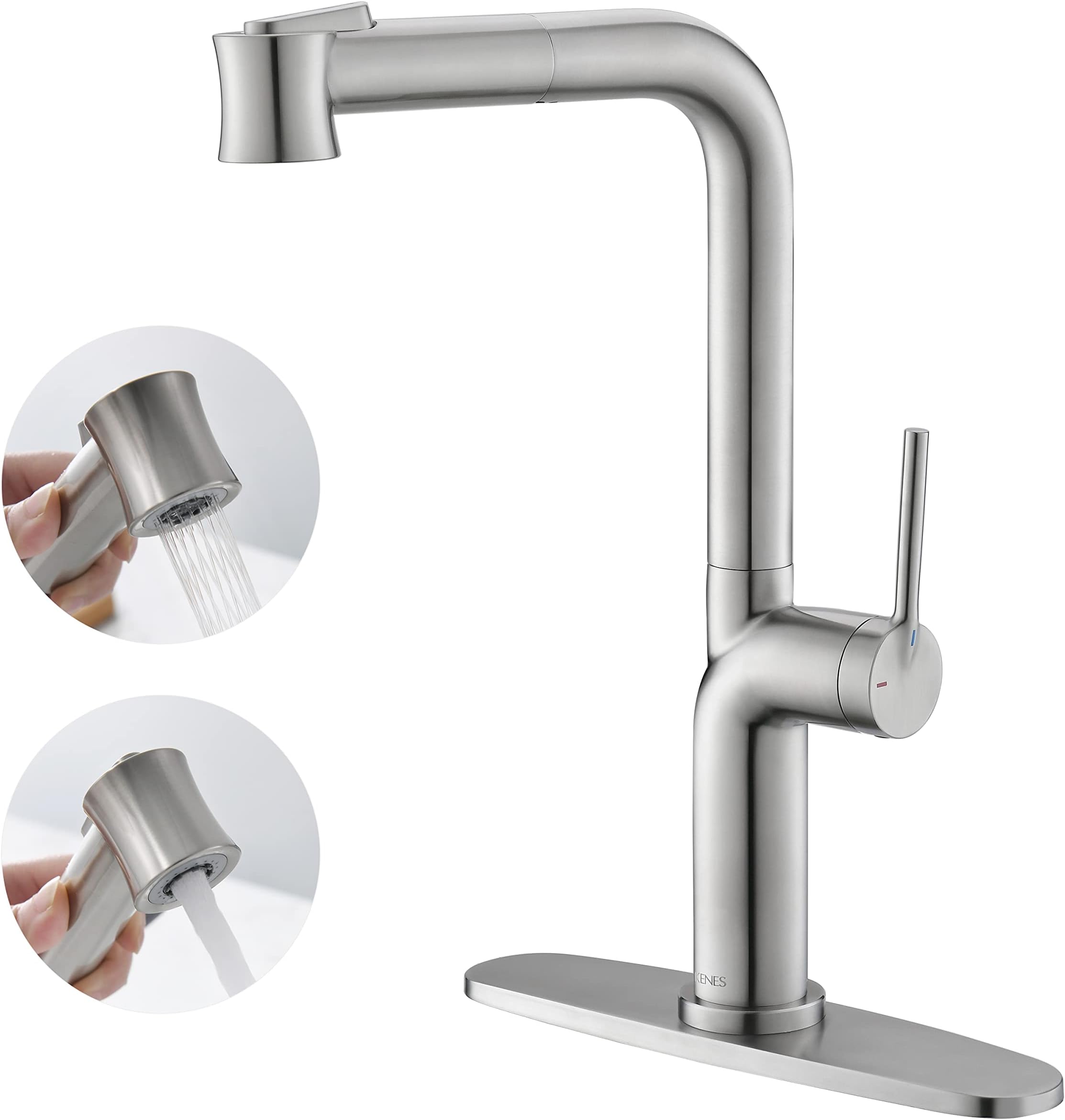 KENES Brushed Nickel Kitchen Faucet with Pull Down Sprayer, Single Handle Stainless Steel Faucets for Kitchen Sink, Single Hole Deck Mount, KE-8060