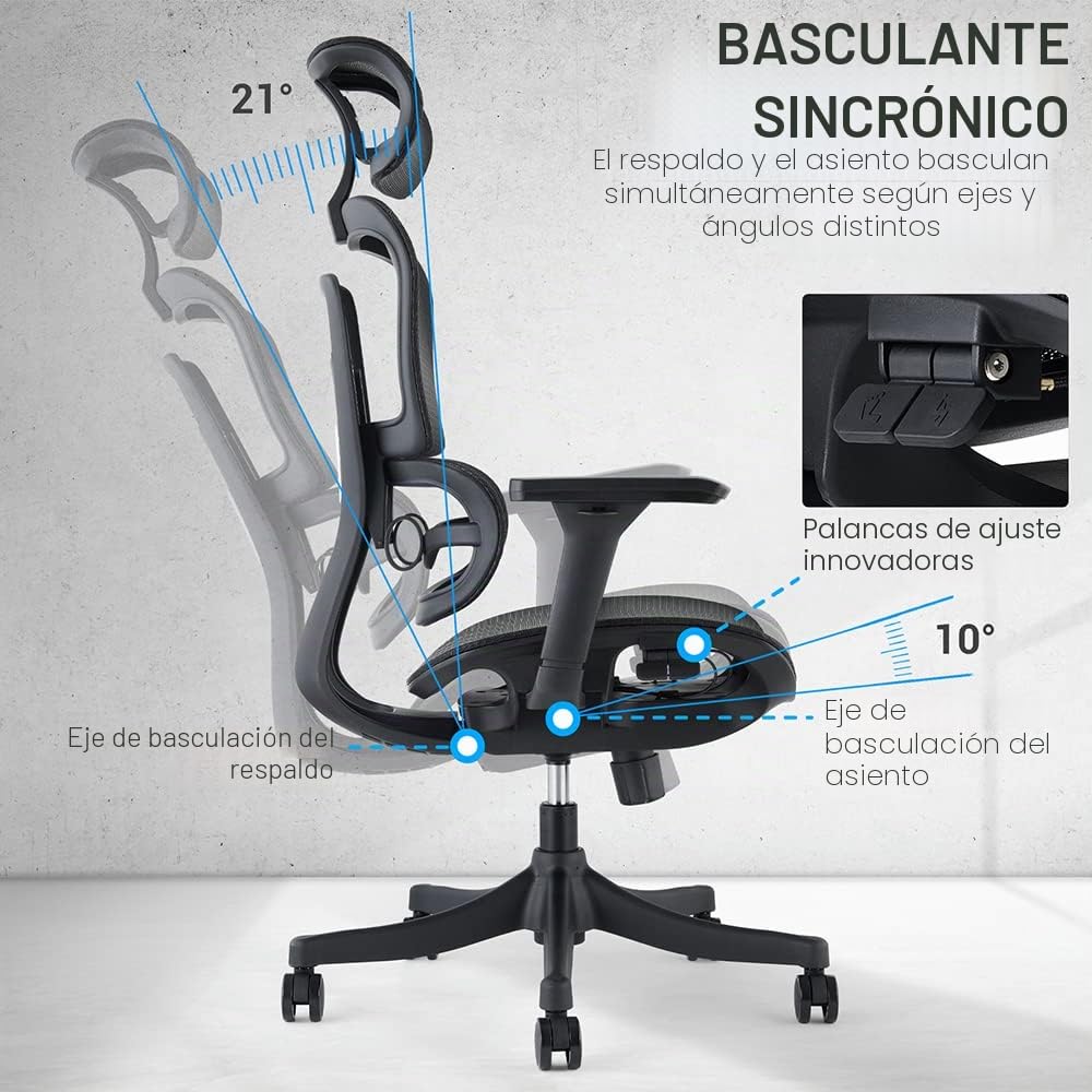 Waytex Draconis - Silla de Oficina ergonómica, Silla de Oficina de Malla Transpirable, apoyabrazos Ajustables 3D, reposacabezas Ajustable, Soporte Lumbar Ultra cómodo, Color Negro