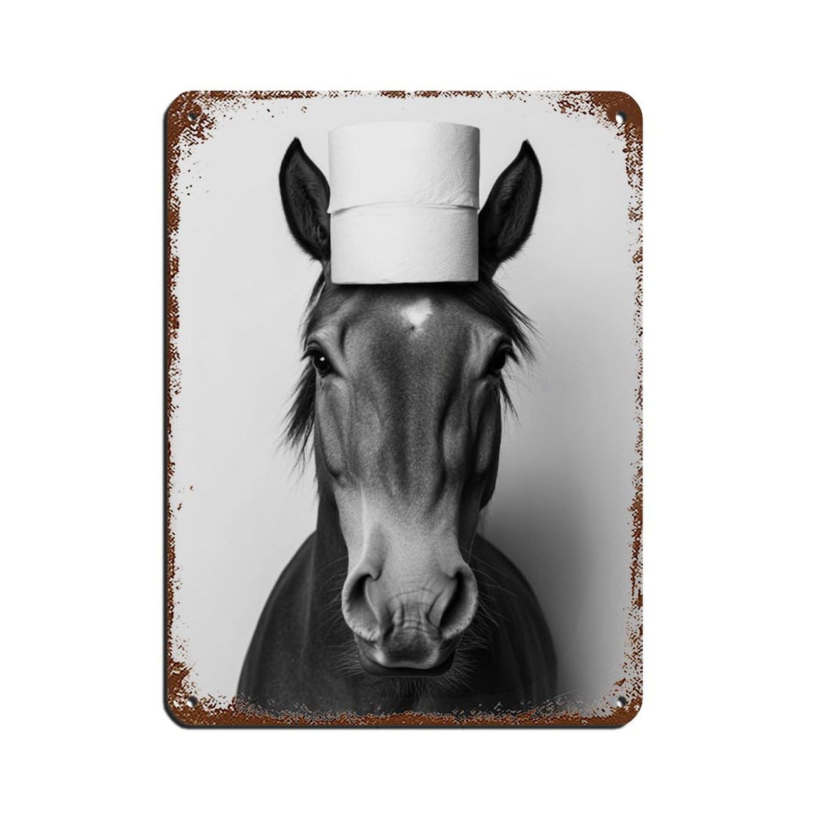 Horse with A Toilet Paper Roll on Head Tin Sign Vintage Metal Pub Club Cafe Bar Home Wall Art Decoration Poster Retro 12x16inch(30x40cm)
