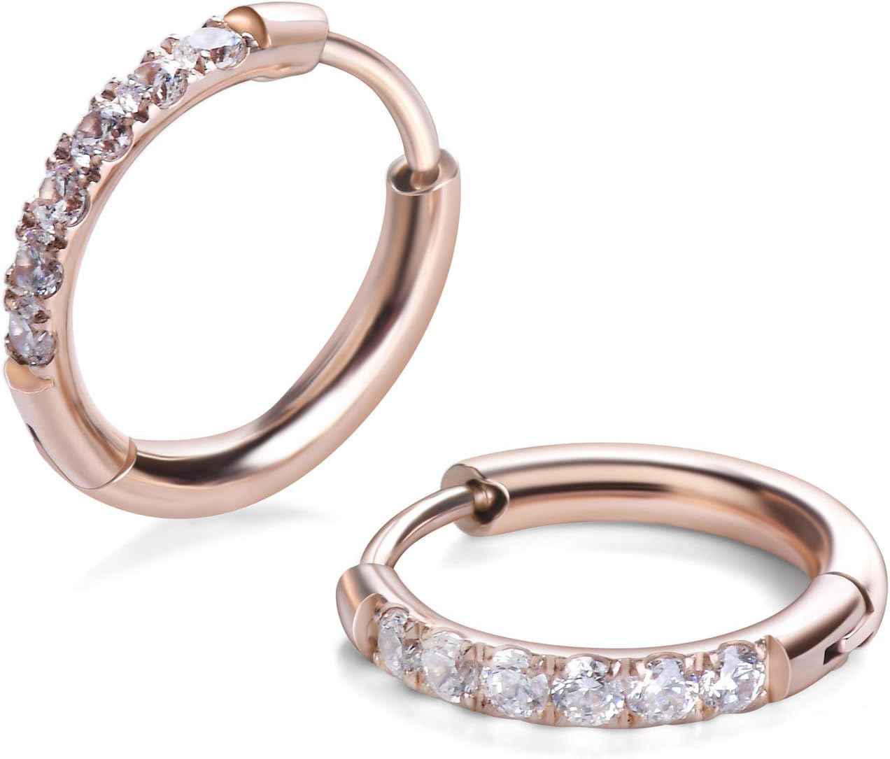 Rose Gold Plated Surgical Steel Cubic Zirconia CZ Small Huggie Hoop Earrings