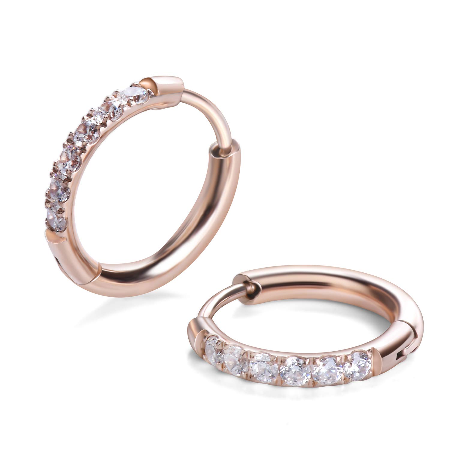 ShowselfHypoallergenic Unisex Surgical Steel Small Cubic Zirconia Huggie Hoop Earring, Color Gold - Silver - Rose Gold - Black - Rainbow, Size 6mm- 12mm Safe for Sensitive Ear