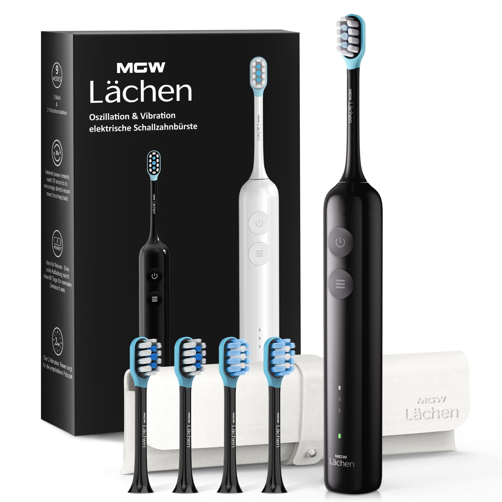 Wave Cepillo de dientes eléctrico MGW Lächen Serie Silencioso Oscilación y Vibración Cepillo de dientes eléctrico sónico con 4 cabezales de cepillo, 3 modos y 3 intensidades de vibración con bolsa de