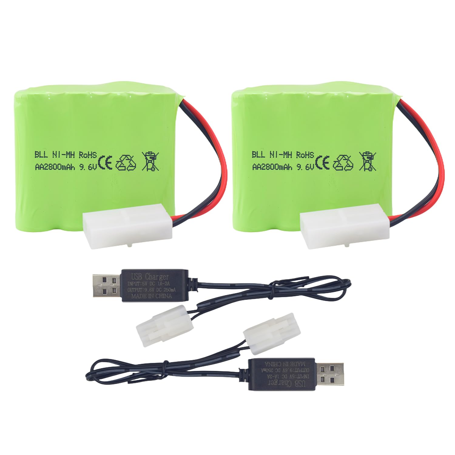 MOONZON 2PCS AA 9.6V 2800mAh Ni-MH High Capacity Battery with Tamiya Plug and 2PCS USB Charging Cable for Toy Tank Engineering, Flat Semi-Trailer