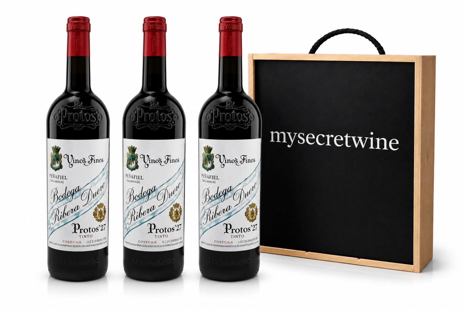Pack Protos ’27 Ribera del Duero Tinto – 3 Botellas de 75 cl + Caja de Madera MySecretWine – Vino Tinto Español – Pack Regalo
