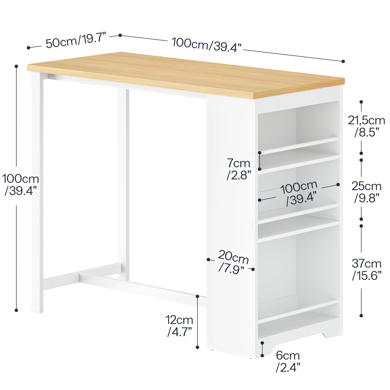 HOOBRO Bartisch Küche, Stehtisch mit 3 Ablageflächen, Küchentheke, Bistrotisch, Esstisch, 100 x 50 x 100 cm, für Bar, Küche, Wohn- und Esszimmer, Weiß und Naturfarbe EWN11BT01