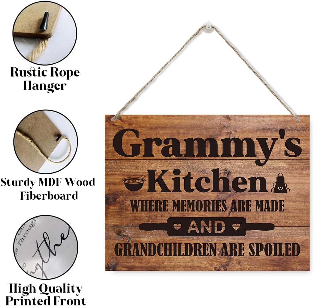 Hanging Wooden Kitchen Gifts, Grandma's Gift, Thanksgiving Gifts, Rustic Farmhouse Kitchen Decor Sign, Grammy's Kitchen - Where Memories Are Made and Grandchildren are Spoiled Sign 15x11.4 Inches - Image 3