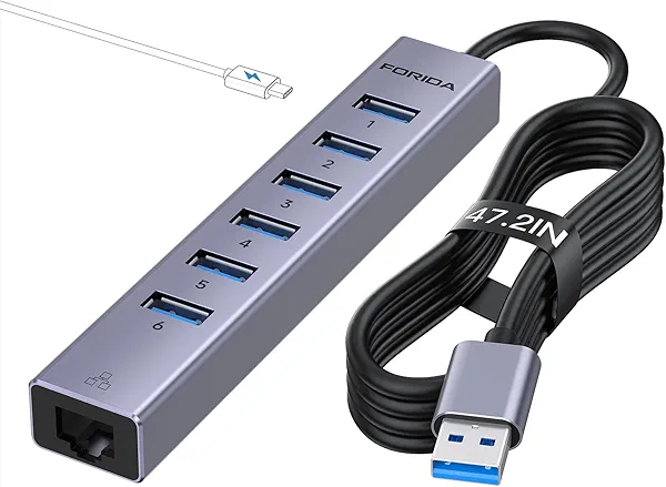 FORIDA 7 Port USB Hub - USB Ethernet HUB with 3.9ft Long Cable for Laptop, USB Extender with Gigabit Network Port and 5V/3A Power Port, Aluminum MultiPort USB hub for Laptop, iMac, PC, Flash Drives