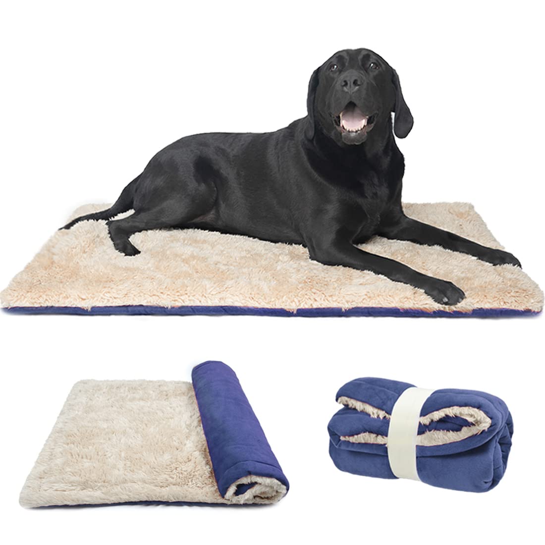 Matelas pour Chien Réversible Couverture Lavable Doux Peluche Coussins Tapis de Voyage Extérieur pour Animaux de Compagnie Convient aux Grands Moyens et Petits Chiens et Chats, Bleu 110x70cm
