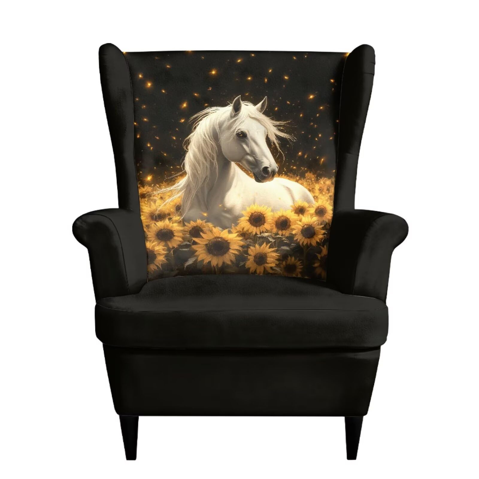 Xoenoiee Funda elástica para silla de ala con estampado de girasol y caballo, 2 piezas, fundas elásticas para sillas de respaldo alado, protector antideslizante para muebles para sala de estar
