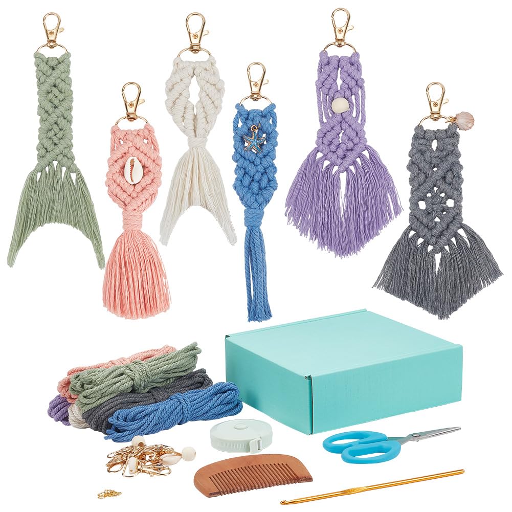 ACRNIGHEET 6PCS Seashell Macrame Keychain Kit for Beginners DIY Boho Macrame Making Kit for Adults Colorful Keychain Macrame Starter Kit for Keys Bags Charms Ocean Macrame Keychain Kit with Video